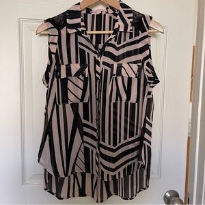 Black & Dusty Pink Stripe Sleeveless Button Down Blouse w/ Mesh Shoulder Detail